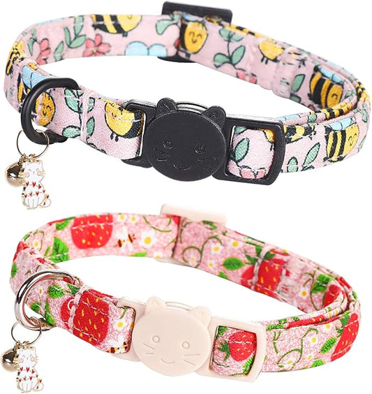 Cat Collar-2 Pack Cat Collars bee & Strawberry Cat Collar Breakaway with Kitten and Bell Pendant Safety Buckle Adjustable Cute Pet Collar for Girl Cats Gift for Cats and Small Pets