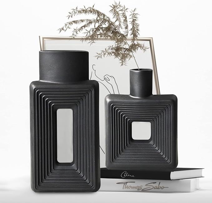 Black Ceramic Vase Set of 2，Square Vase Rustic Home Decor Minimalist Nordic Boho Style for Living Room, Shelf, Table, Bookshelf, Mantel and Entryway Decor Vases