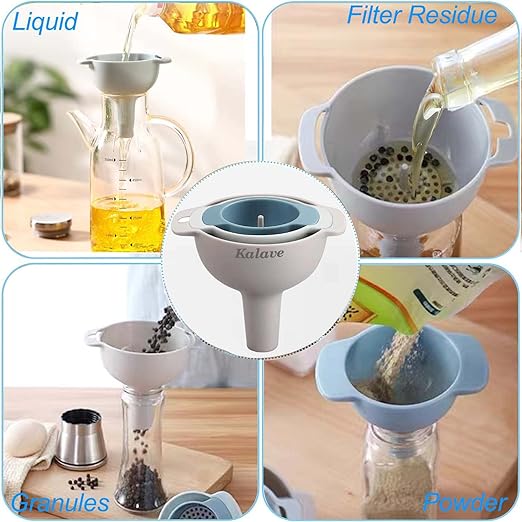 Set of 4 Funnels for Filling Bottles, BPA-Free Food Grade Kitchen Funnels with Detachable Strainer Filter for Kitchen Use Oil, Liquid, Dry Ingredients and Powder