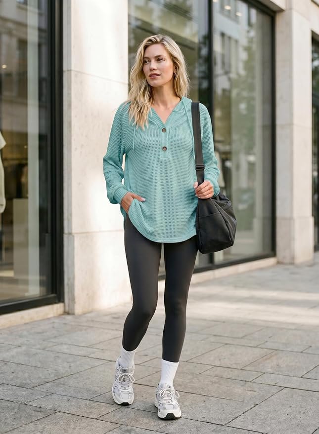 Dokotoo Hoodies for Women Waffle Knit Long Sleeve Drawstring Button V Neck Casual Sweatshirt Hooded Tops Fashion Clothing