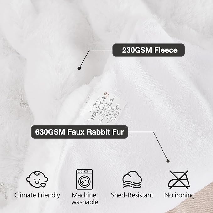 ORINOVA White Faux Rabbit Fuzzy Fur Queen Throw Fluffy Blanket 90x90 Soft Furry Blanket Queen Size for Bed Couch Cozy Bedroom Decor 1000 GSM