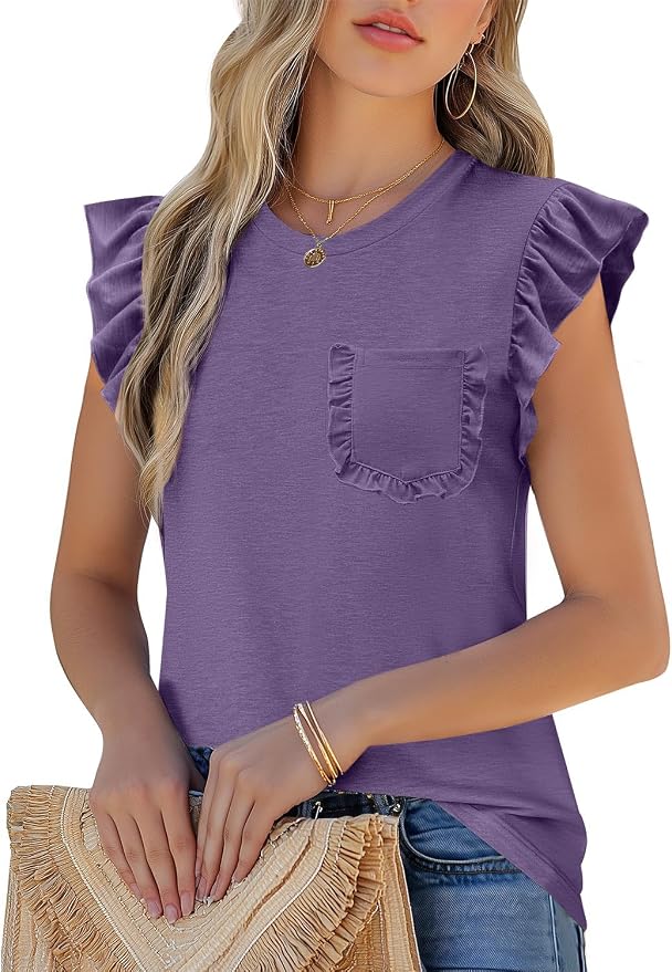 JUSTFASHIONNOW Womens Summer Tops Striped T-Shirts 2026 Ruffle Short Sleeve Crew Neck Casual Blouses with Pocket