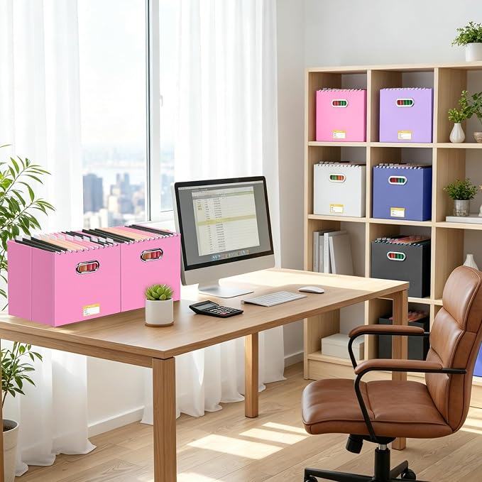BALEINE File Organizer Box, Cardboard File Folder Organizer with Handle for Letter Size, Portable Collapsible Hanging Filing Box for Home Office Document Storage (2 Pack, Large Pink)