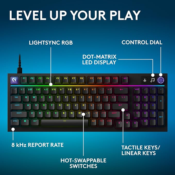 Logitech G316 X 98 Mechanical Gaming Keyboard (Linear) - Black | Hot-Swappable Linear Mechanical Switches, Gasket Design, PBT Keycaps, <8Khz, LIGHTSYNC RGB, Dot-Matxix LED Display, USB-C