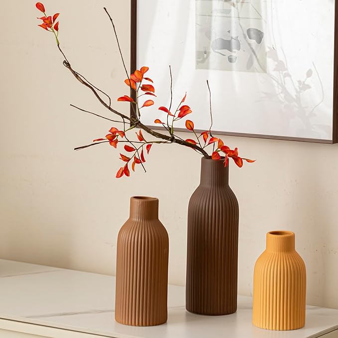 Modern Ceramic Vases Set of 3, Coffee Table Ribbed Decorative Vases, Shelf Table Centerpiece for Home Decor (Coffee Mix)