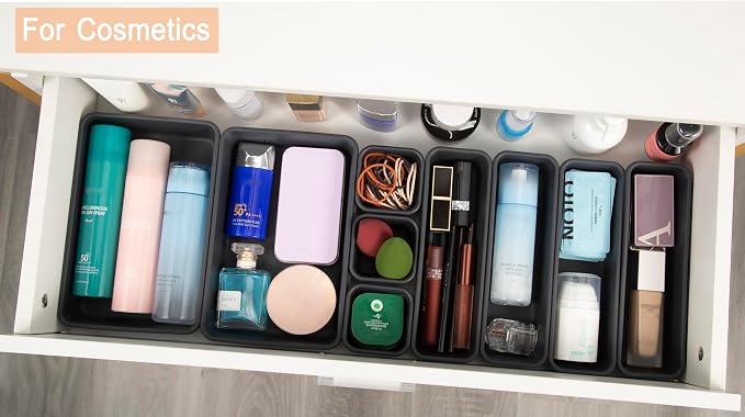 Kutesna 15PCS Interlocking Drawer Organizer, Plastic Desk Organizers Set | 3-Size Versatile Storage Bins,BPA-free, Non-slip, Fits Any Drawer for Cosmetics, Bathroom, Tools, Kitchen and Office