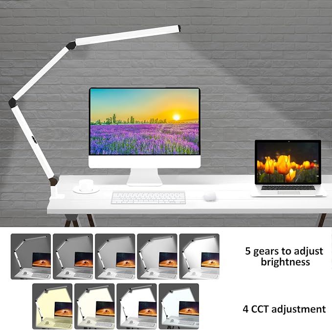 Micomlan LED Desk Lamp for Home Office, Architect Clamp Desk Lamp with Remote Control, Adjustable Dimmable Swing Arm Clamp on Table Light Clip-on Dual Light 5 Brightness Levels & 4 CCT Modes
