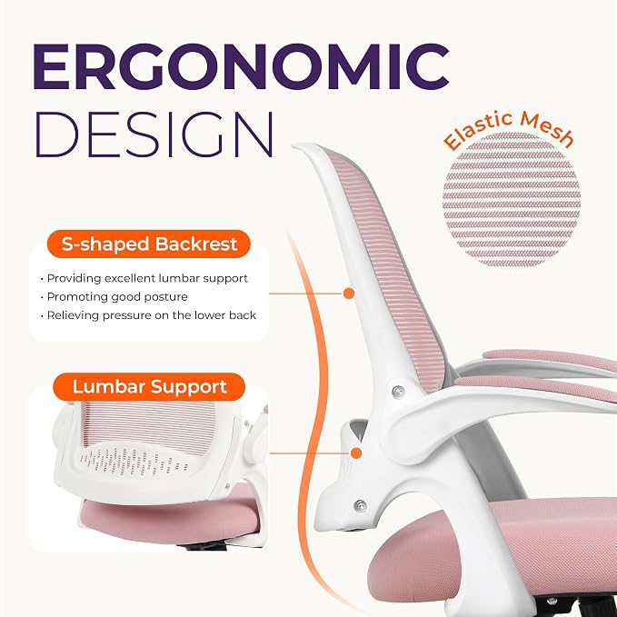 NEO CHAIR Office Desk Gaming Ergonomic Computer Chair with Lumbar Back Support Adjustable Height Swivel Rolling Wheels Flip-up Arms Mesh Chair for Home Vanity (Pink) | Lumbar Support, Height Adjustment, 360° Swivel and Rolling Base, Space-Saving Design...