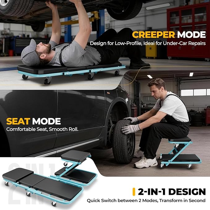 Auto Dynasty 40" Z-Creeper Seat, 2-in-1 Foldable Garage Creeper Shop Seat, 330 LBS Capacity Automotive Mechanic Repair Under Car Rolling Creeper Seat, Sky Blue