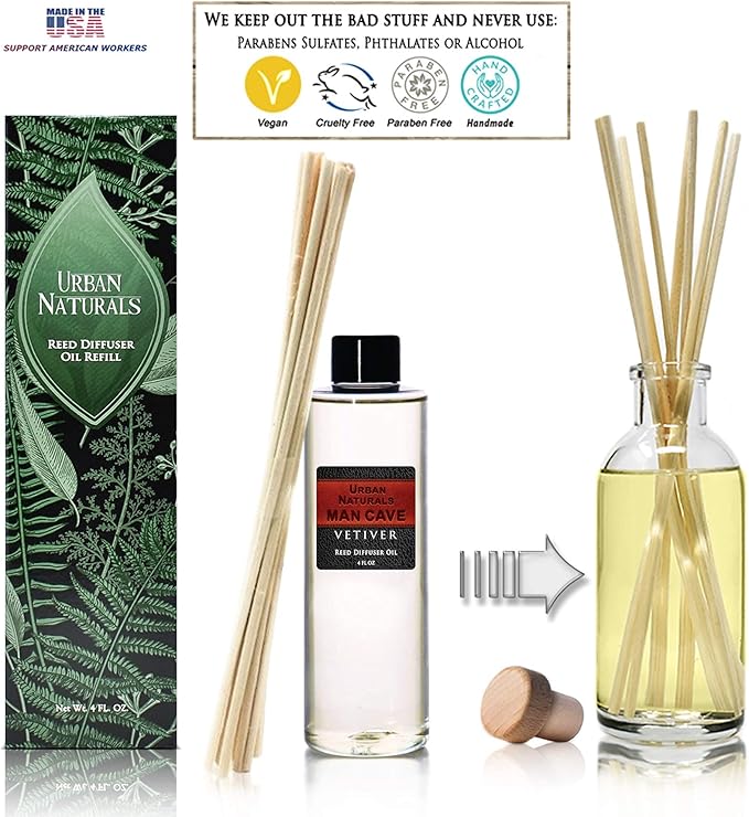 Urban Naturals Vetiver Man CAVE Scented Reed Diffuser Refill Set | Includes a Free Set of Reed Sticks! 4 oz. | A Fabulous Masculine Scent! Great Gift Idea Home Fragrance Lovers!