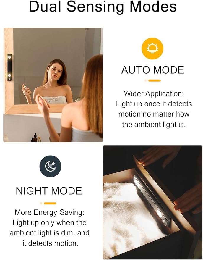 Under Cabinet Lights, Wireless Motion Sensor Light Indoor, Black 10in LED warm Lighting Rechargeable Battery Operated,4 Modes Night Light, Stick-On Magnetic Closet Lights for Kitchen, Hallway(2 Pack)