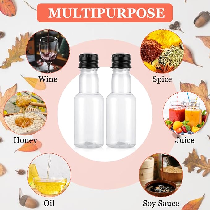 WOPPLXY 100 Pcs Mini Liquor Bottles Set, 1Oz Mini Empty Plastic Alcohol Shot Bottles with Caps, Small Alcohol Bottle with 10 Funnels, 100 Pcs Kraft Tags and Rope, Perfect for Halloween Party Wedding