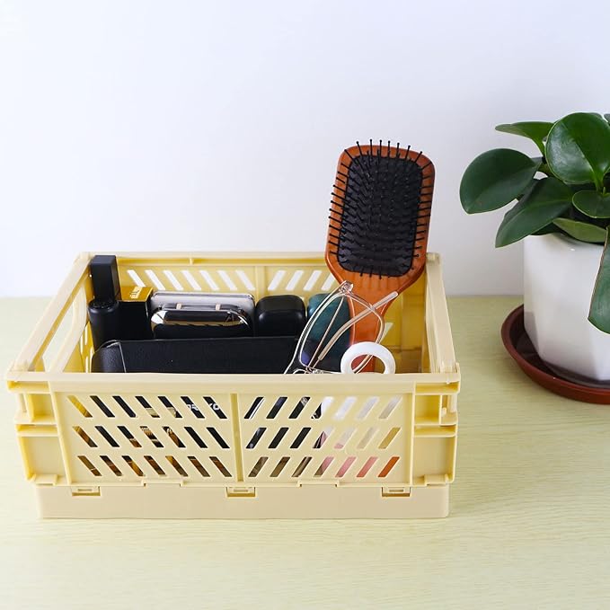 Tixill 2-Pack Mini Foldable Plastic Baskets for Organizing and Storage, Collapsible Storage Crate for Home Kitchen Bedroom Bathroom Office (9.8x6.5x3.8, Yellow)