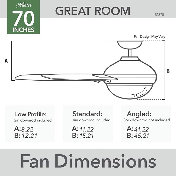 Hunter 70 inch Indoor Ceiling Fan with LED Light and Wall Control - White Smart Ceiling Fan, Standard Mount, 7 Blades, For Bedroom or Living Room, Quiet - Phenomenon 51378, Matte White