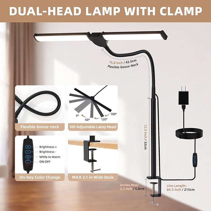 Voncerus LED Desk Lamp for Home Office, Double Head Desk Light with Clamp | 3 Modes 10 Brightness, Long Flexible Goose-Neck, Eye-Caring, Memory Function, Energy Efficient, USB Adapter, Metal, Black