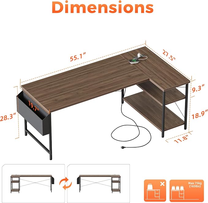 Mericonia 55 inch L Shaped Gaming Desk, Large Corner Desk with Shelves | Reversible Computer Desk with Power Outlets & Storage Bag, Office Table for Home Bedroom Study Work Writing