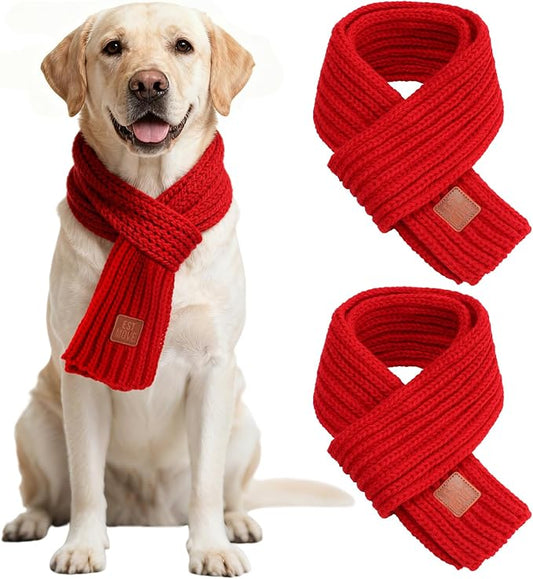 BWOGUE 2-Piece Knitted Dog Christmas Scarf & Bandana with Red Design for Medium/Large Dogs - Winter Warm Holiday Pet Costume Accessory (Red)