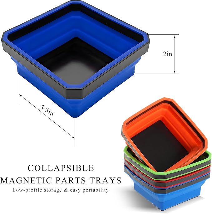 Collapsible Magnetic Parts Tray, 4.5" Square Silicone Tool Tray with Dual-Sided Magnetic Base, Foldable Small Metal Parts Organizer Storage Bowl for Screws Bolts Nuts Washers (Blue)