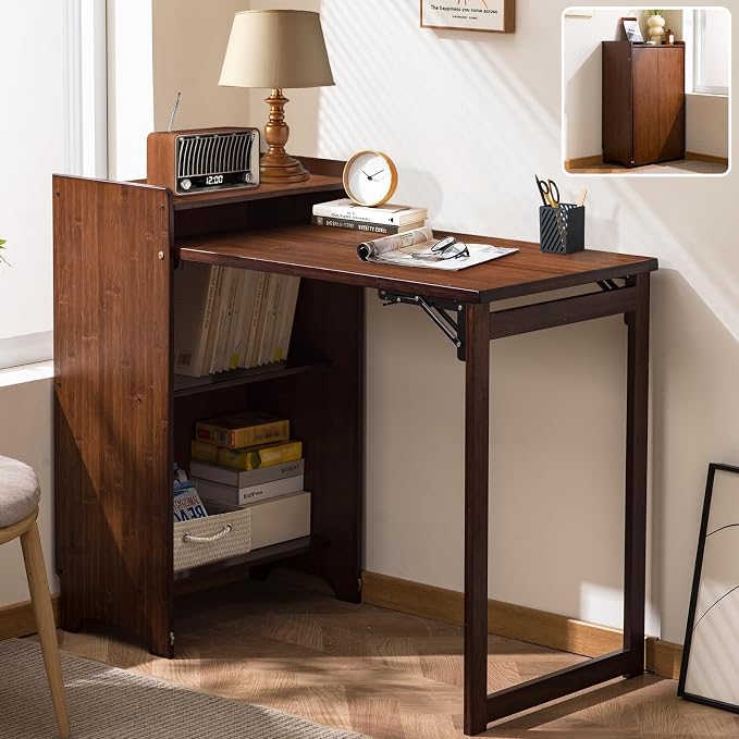 Bamboo Folding Desk with Storage, Foldable Desk for Small Spaces, Brown | Space-Saving Computer Desk with Storage, Compact Size, Writing Study Table for Home Office, Bedroom, Dorm, Apartment