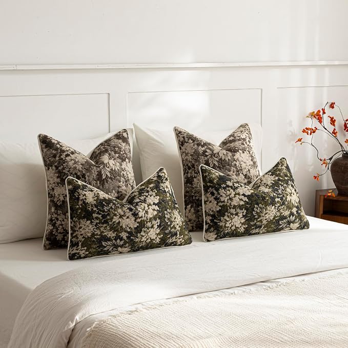 Pack of 2 Vintage Floral Euro Sham Covers 24x24 Boho Farmhouse Accents Chenille Square Decorative Throw Pillow Cases for Living Room Couch Bed Home Decor, Grey