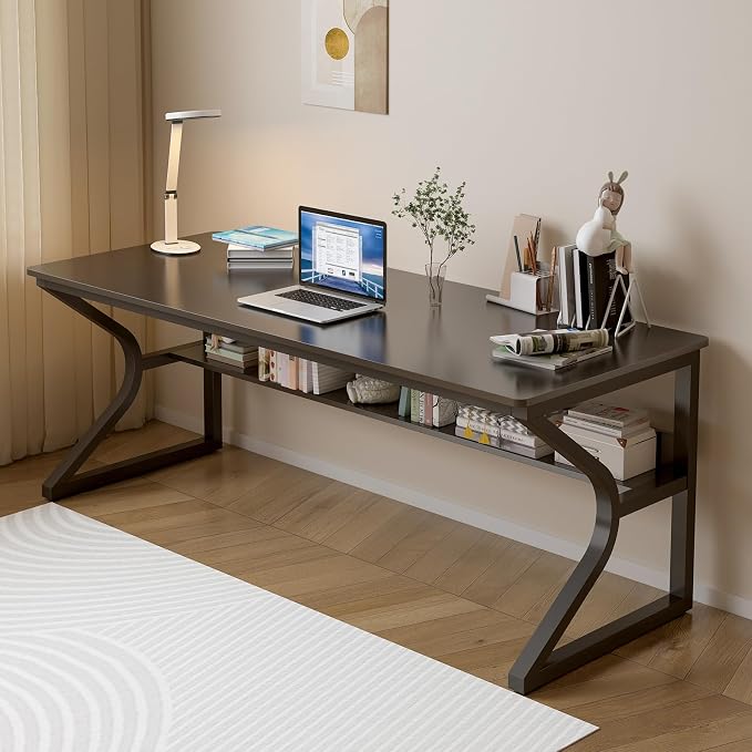 OSCHF 63-Inch Extra Long Desk with Storage Shelf, Black | Double Long Writing Table, Space-saving, 2-Person Workstation, Modern Study Work Computer Desk, For Home Office