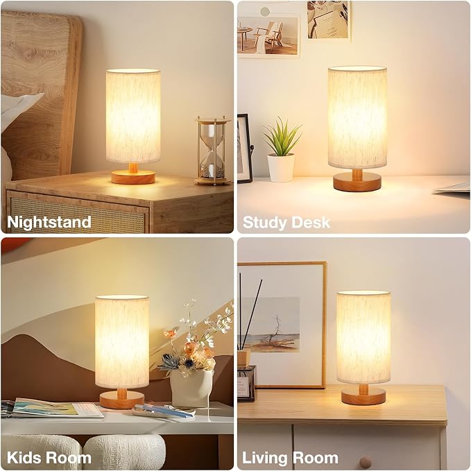 Fenmzee Small Table Lamps (Cream Shade - Walnut Base, 9" Inline Control) | 3000K LED Blub Included | 680 Lumens | Easy Assembly | Minimalist Design | E26 | for Kitchen | for Kids Room