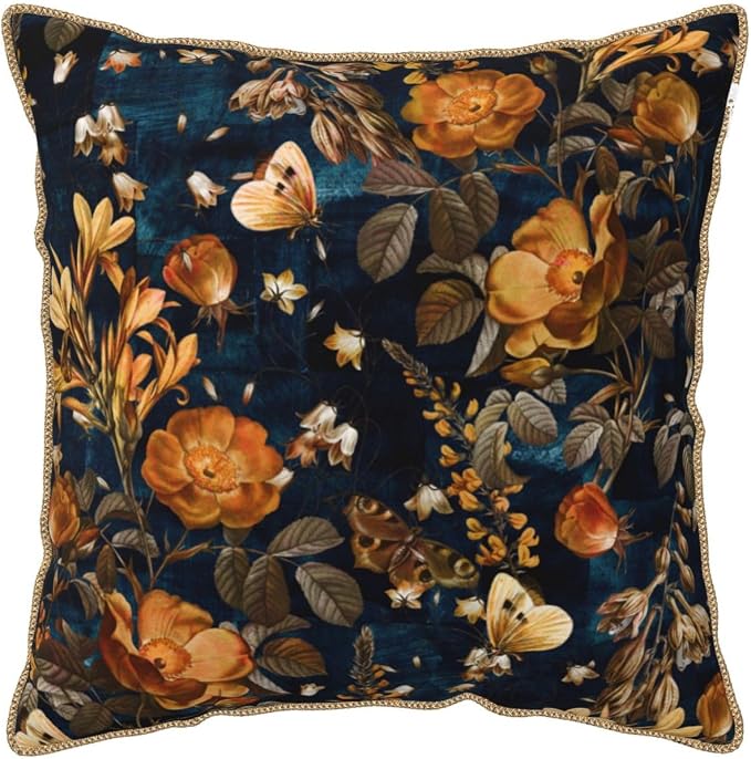 Vintage Floral Velvet Pillow Covers 16x16 Inch Blue Brown Leaf Flowers Throw Pillows for Couch Farmhouse Cushion Covers Pillowcase Butterfly Plant Leaves Pillow Cases for Sofa Bed Outdoor Decor