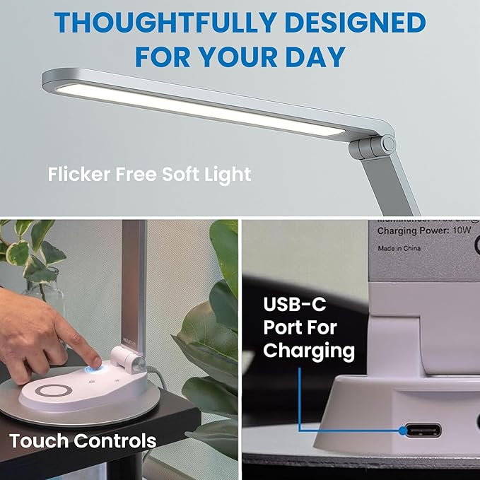 Mount-It! LED Desk Lamp with Wireless Charger and USB-C Charging Port, Dimmable Desk Lamp with 25 Brightness and Color Modes, for Home or Office, Adjustable Arm, Silver/White