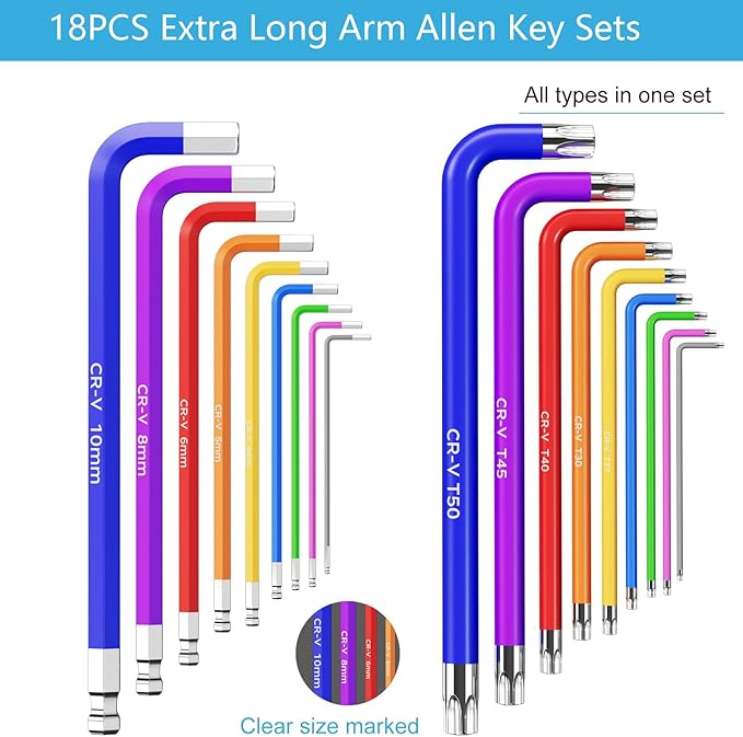 18 PCS Hex Key Set, Color-Coded, Chrome Vanadium Steel, Industrial Grade, T10-T50