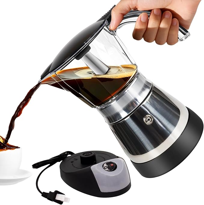 Electric Plastic Clear Moka Pot 3-6 Cup 150-300ml Mocha Pot | Stainless Steel Espresso Maker with Detachable Base Ideal Coffee Maker for Home Italian and Cuban Café Coffeemaker Black