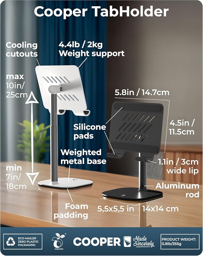 COOPER TabHolder, 7-10" Height Adjustable Tablet Stand, Premium iPad Stand for Desk, 270° Tilt iPad Holder for Desk, Tablet Holder, 15.6-17" Portable Monitor Support (Black)