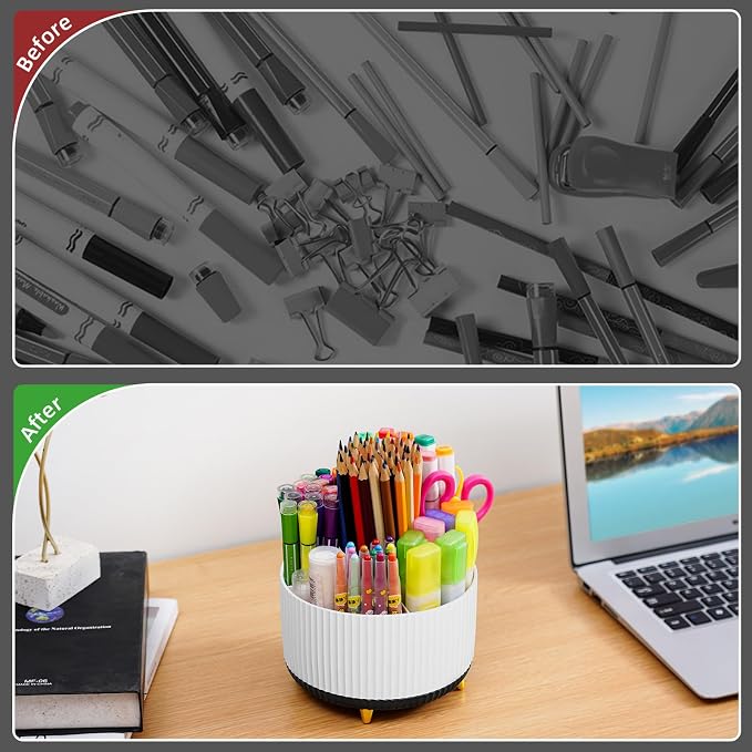 Marbrasse Desk Organizer, 360-Degree Rotating Pen Holder, Desk Organizers and Accessories with 5 Compartments Pencil Holder, Art Supply Storage Box Caddy for Office, Home (White+Black)