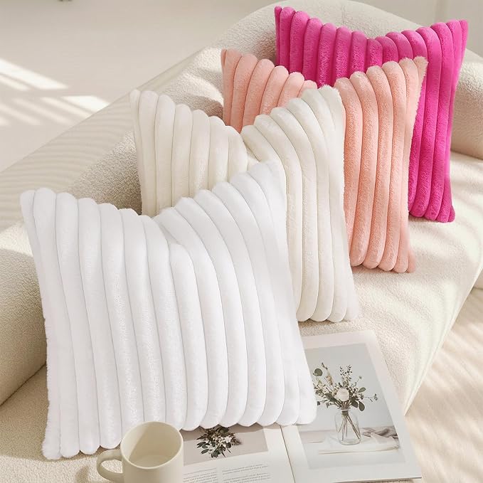 decorUhome Fall Faux Fur Throw Pillow Covers 26x26 Set of 2 Hot Pink | Decorative Soft Cozy Striped Plush Modern Farmhouse Boho Couch Pillow Cases Velvet Back for Sofa Bed Living Room Home Decor