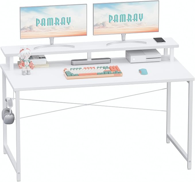 Pamray 47 Inch Small Computer Desk with Monitor Stand, Simple Office Desk with Headphone Hook for Small Spaces, Kids Study Writing Table for Bedroom, White