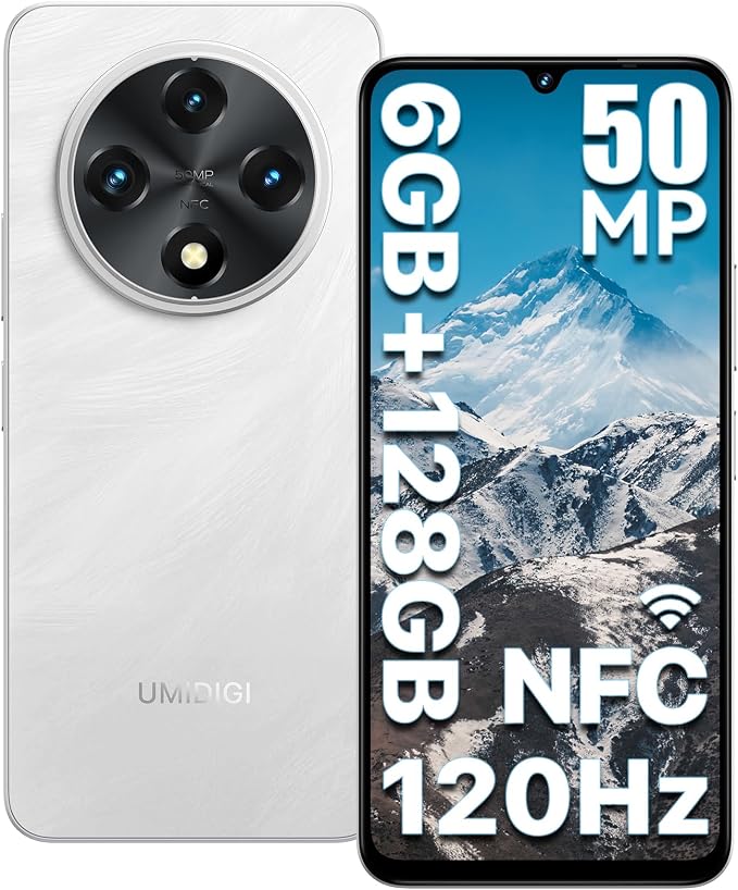 UMIDIGI G100 Unlocked Cell Phone Android 14, 6.9" HD+ 120Hz,Octa-core 12GB +128GB Expand 1TB,GPS Unlocked Smartphone,6000mAh,50MP Triple Camera,Dual 4G LTE Phone, NFC,AI Face Unlock,OTG,White