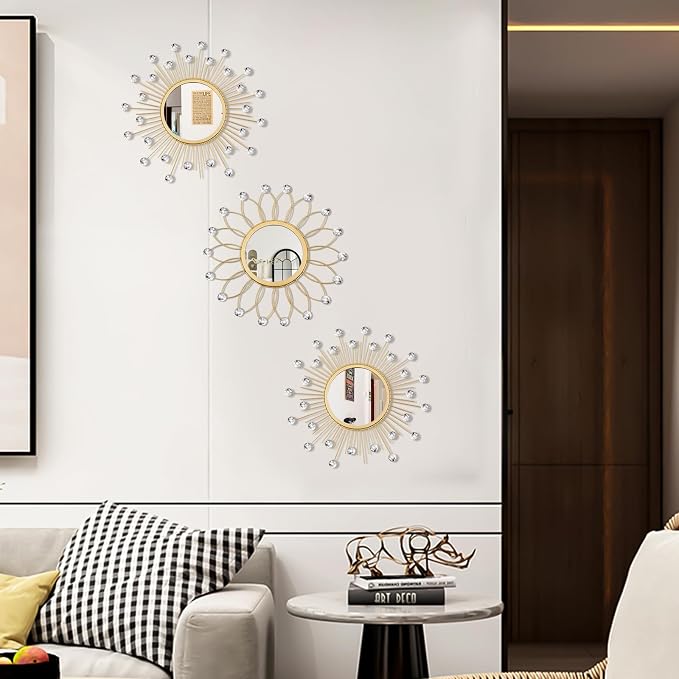 3 Pack Metal Mirrors for Wall Sunburst Wall Mirrors Home Décor Decorative Hanging Wall Art for Living Room Bedroom Entryway (Gold Crystal, Flower+Sunburst)