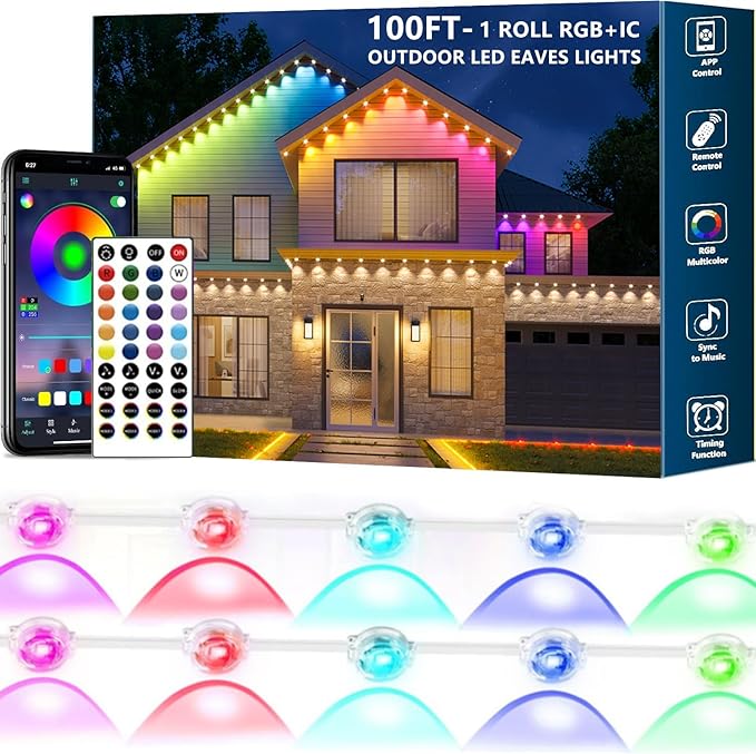 Permanent Outdoor Lights,100ft RGB + IC Smart LED Eaves Lights with App & Remote Control, IP67 Waterproof,for Christmas and All Holiday Decor,Daily and Accent Lighting,House Roof and Garden Lighting