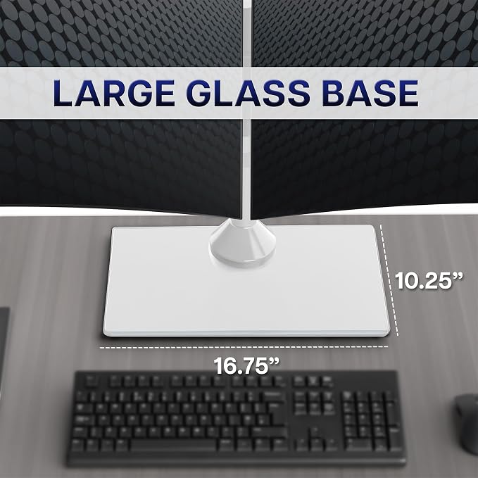 VIVO Dual Monitor Desk Stand for 13 to 32 inch Screens, STAND-V002FGW | Articulating, Freestanding Adjustable Monitor Arm, White with Glass Base, Computer Stand for 2 Monitors, Holds 22 lbs Each