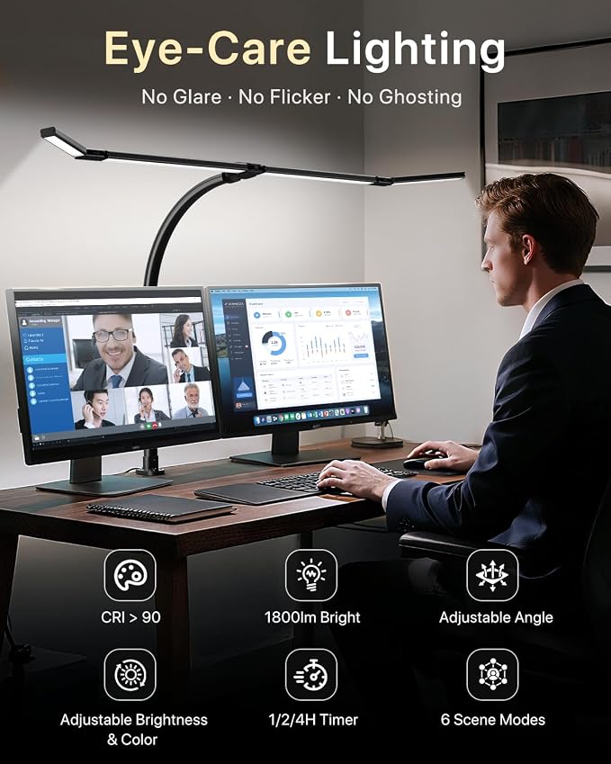 ONEMIX 42-Inch LED Desk Lamp for Dual Monitors with Clamp and Remote | 4 Adjustable Panels for Focused or Wide-Area Light, 1800LM, Flexible Gooseneck, 5 Color Temps, 5 Brightness Levels, Timer