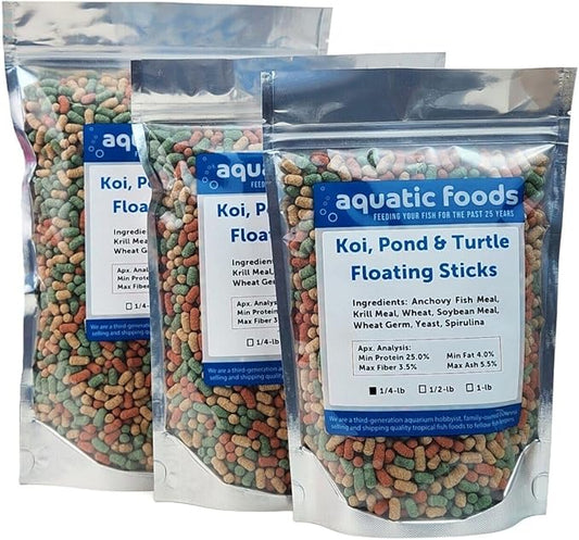 Aquatic Foods Inc. Koi, Pond & Turtle 7/16" x 5/32" 25% Protein Floating Sticks. Spirulina, Color Enhancing & Wheat Germ Sticks for Koi, All Pond Fish, Aquatic Turtles...WL…1-lb Poly Bag