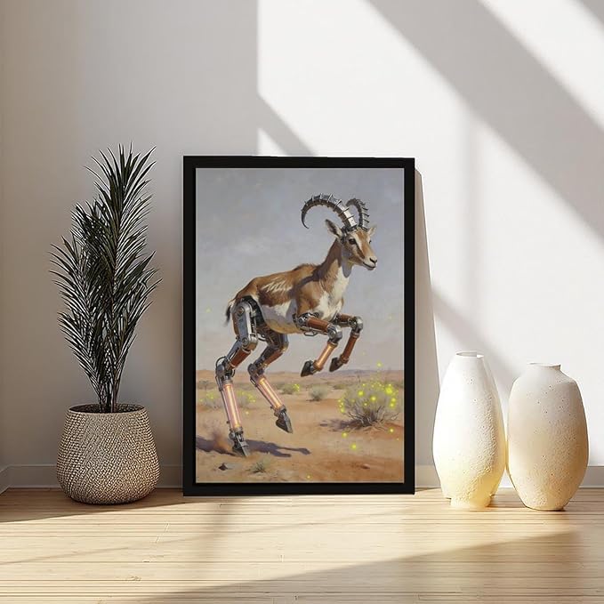 Framed Steampunk Mechanical Antelope Wall Art - Desert Futuristic Poster for Loft Living Room Decor 12x18in