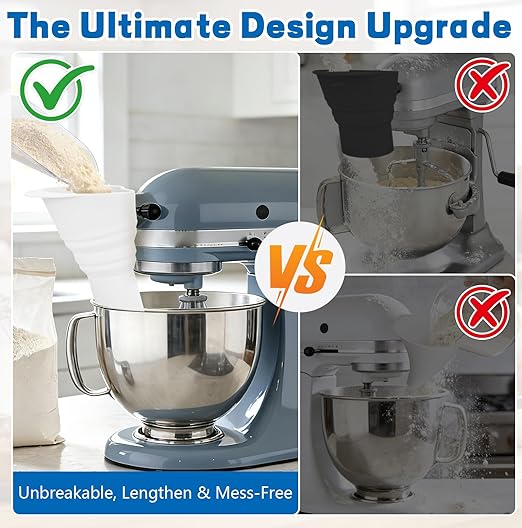 No-Mess Flour Funnel for Kitchen Aid Mixer Set with Scoop, Extended Mouth Foldable Flour Funnel for Kitchenaid Stand Mixer Attachments for 4.5-7 Quart KSM150, Dishwasher Safe Pouring Chute