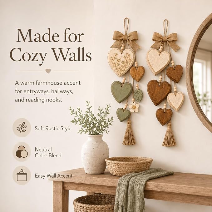 Rustic Solid Wood Heart Wall Hanging, Farmhouse Burlap Bow Decor with Distressed Wooden Hearts & Pendants, Romantic Art for Bedroom & Home Room, Vintage Charm Art Decor Signs(All Styles)