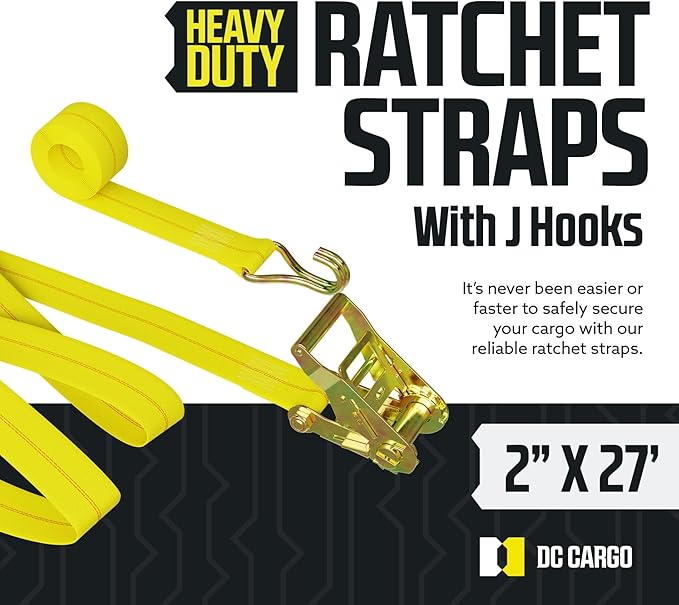 DC Cargo Tie-Down Ratchet Straps J-Hooks, (Pack of 2) Heavy Duty 2" x 27' Tie-Down Ratcheting Cargo Truck Straps Wire Hook Ends, J-Hook Ratchet Strap Tie-Downs
