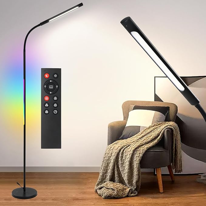 Pak Smart RGB Floor Lamp, LED Floor Lamp for Living Room, Modern Adjustable Gooseneck Standing Lamp with Music Sync, Scene Modes, Remote & Touch Control, Eye-Caring Reading Light for Bedroom Gaming