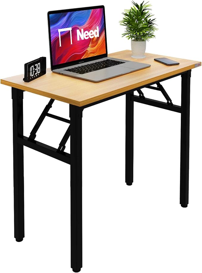 Need Small Computer Desk 31.5 Inch Folding Home Office Table Teak | Black Frame Writing Gaming Work Table/Sturdy Foldable Study Table for Small Space/Dormitory, No Assembly Required