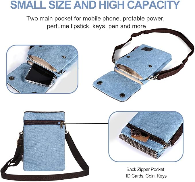 Dlames Canvas Small Cute Crossbody Cell Phone Purse Wallet Bag with Shoulder Strap for iPhone 15 Pro 14 Pro 13 Pro Galaxy S23 S22 S21 Google Pixel 5 4 3 - Blue