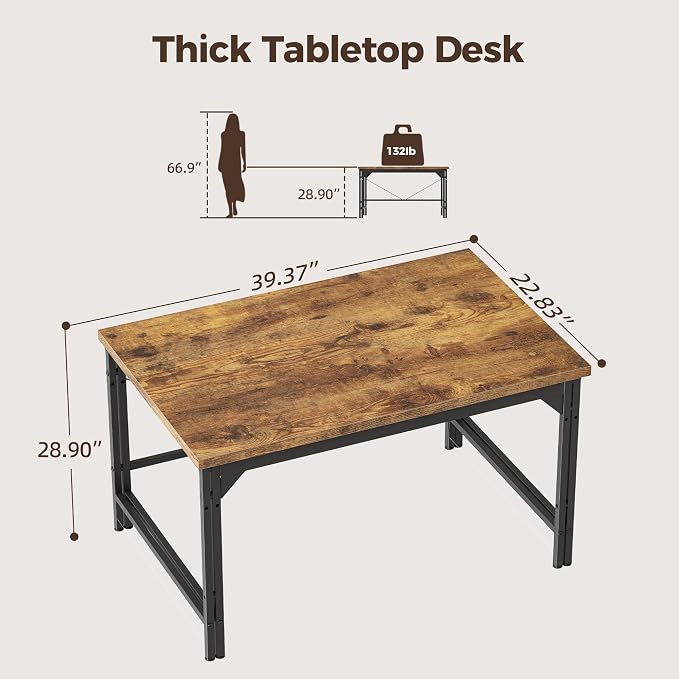 Mericonia 40 Inch Computer Desk, 1" Thick Small Office Table, Brown | Modern Simple Style, Heavy Duty Industrial Frame, Small Study & Writing Table for Home Bedroom Work