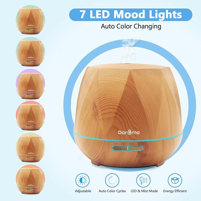 550ml Essential Oil Diffuser, DAROMA Upgraded Remote Control 6 in 1 Aromatherapy Ultrasonic Cool Mist Humidifier, 7 Color Changing Mood Lights & Waterless Auto-Off for Home Office Gift, Light Wood