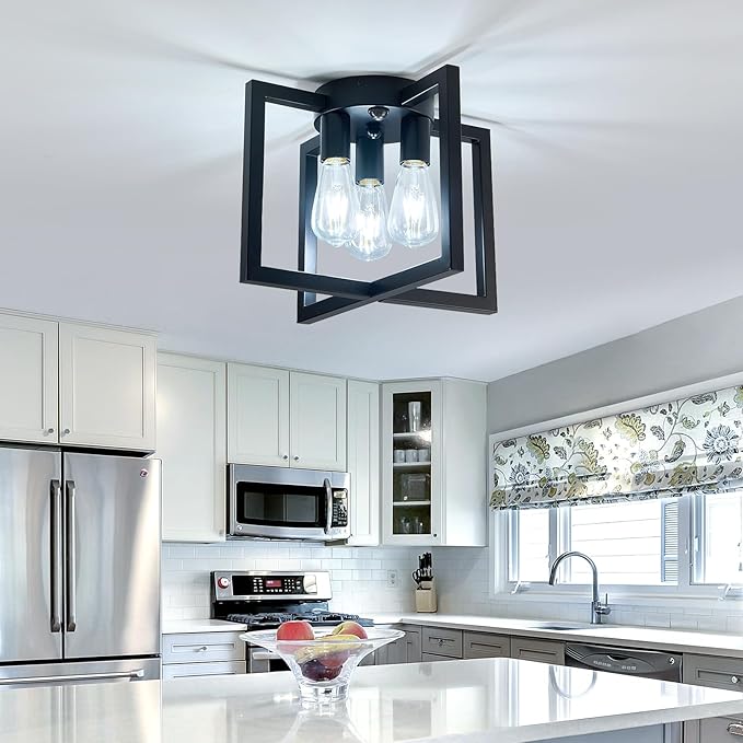 ZGLAOJT Motion Sensor Ceiling Light Fixture 3-Lights Semi Flush Mount Ceiling Light Black Industrial Indoor Chandelierfor Kitchen Living Room Bedroom Farmhouse Hallway Foyer